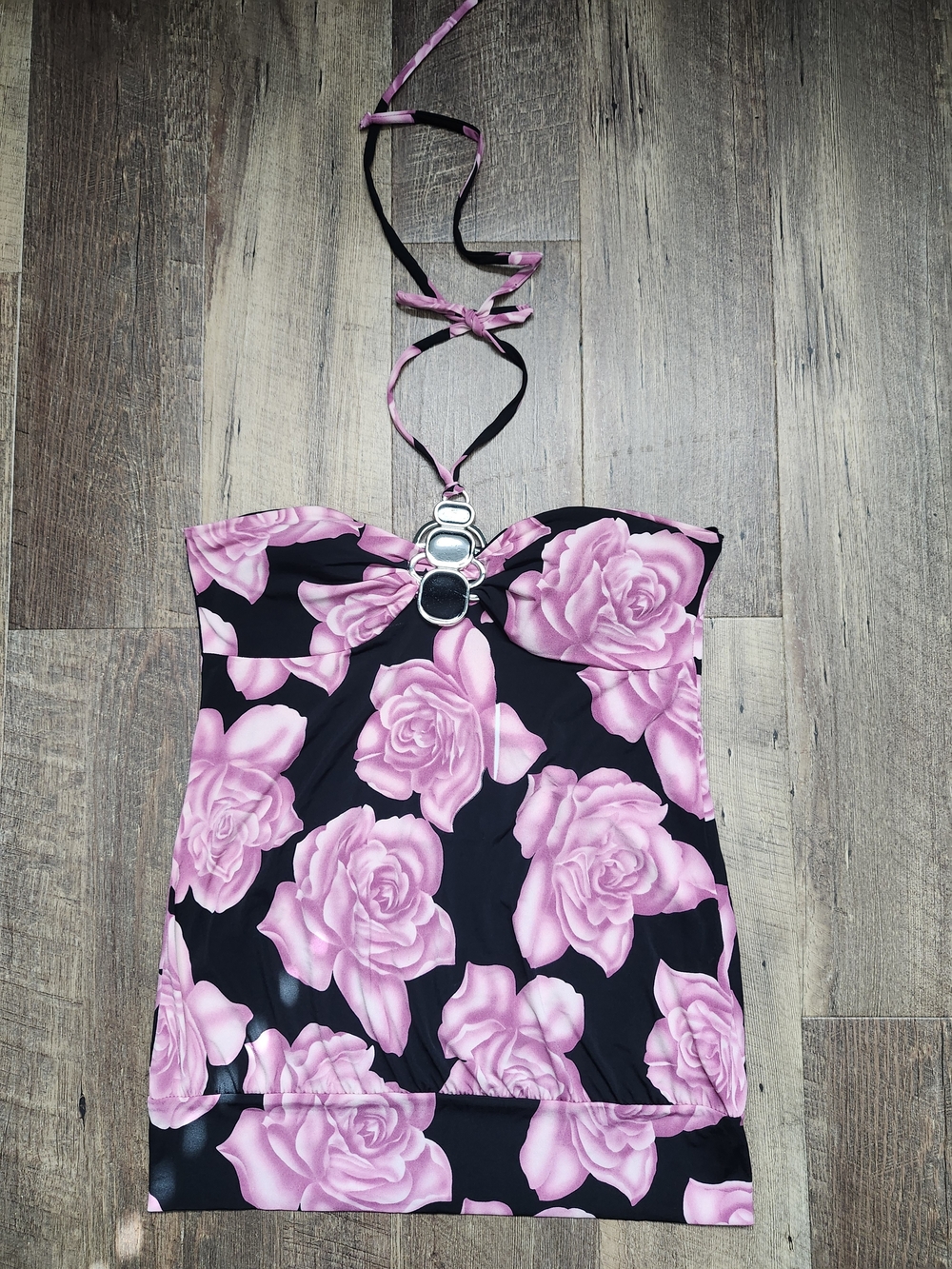 Vanity Black & Pink Rose Halter Tube Top